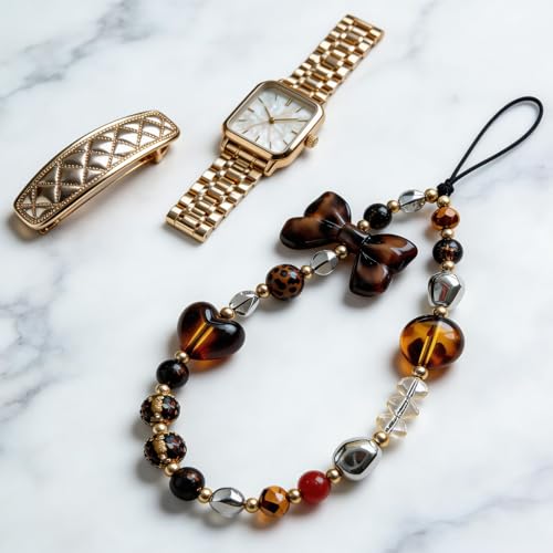 Cute Beaded Camera Wrist Strap for Phone, Digital Camera Charm Lanyard, Pearl Beaded Chain for Bag Keychain Gift - color: Leopard Bow