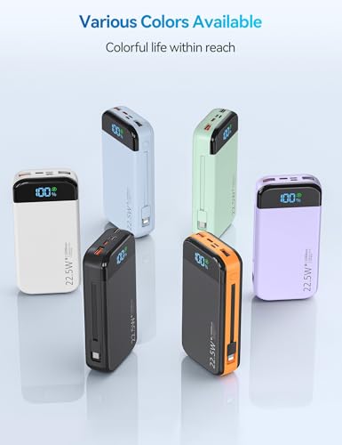 Phone Battery Bank 32000mAh 22.5W w/Built-in Cables & USB C Fast Charging - color: Black