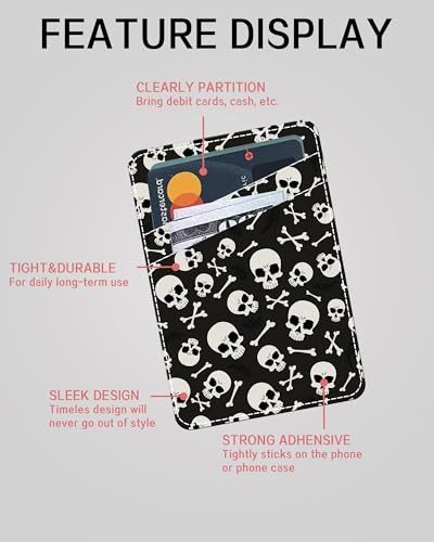 Phone Card Holder, Dual Pocket Leather Phone Wallet Adhesive Stick On, Cute Card Holder, Credit Card Holder for Phone Case Fashion Skull - color: Fashion Skull