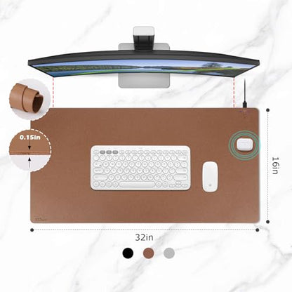 EYStech™ Desk Pad with Wireless Charger, Leather, Waterproof, Anti-Slip Wool Felt Base Material, Office Table Mat, Fast Charging Gaming Mouse Pad, 32”(L) x 16”(W), Brown (Right Side Charging Port)
