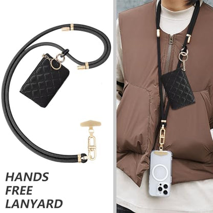 Phone Strap with Leather Zipper Pouch Bag, Hands-Free Phone Charm Holder Neck Strap Stylish Crossbody Adjustable Chain Lanyard with Wallet for All Phones