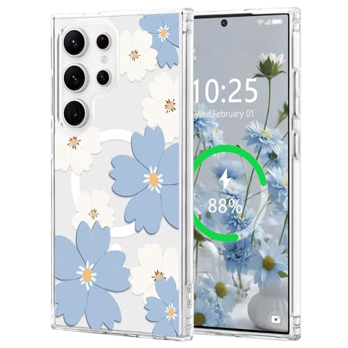 for Samsung Galaxy S24 Ultra Case Flower Clear Magnetic,Blue | [Compatible with Magsafe], Cute Flower Girls Women Clear Case Silicone Shockproof Protective Cover with Pretty Floral Pattern - color: Blue, size: Samsung Galaxy S24 Ultra