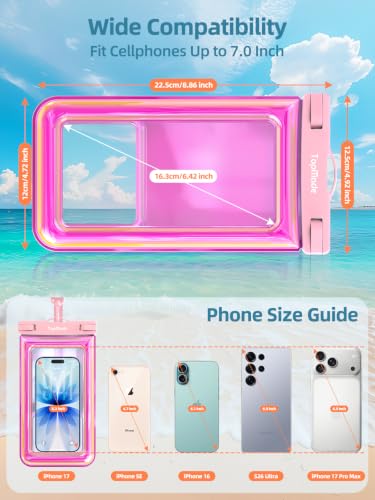 TopMade Floating Waterproof Phone Pouch, 2 Pack IP68 Waterproof Phone Case | Beach/Cruise/Travel Essentials, Detachable Lanyard, Waterproof Pouch for iPhone 17 16 15 Pro Max, Up to 7", Iridescent Pink - color: Pink