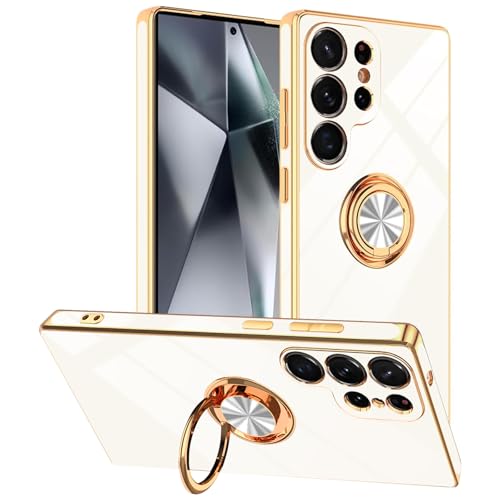 White Designed for Samsung Galaxy S25 Ultra Case with Ring Stand | Support Magnetic Car Mount, 360° Rotatable Finger Holder, Soft TPU Cover Plating Edge, Protective Slim Kickstand Phone Case - color: White, size: 6.9'' S25 Ultra