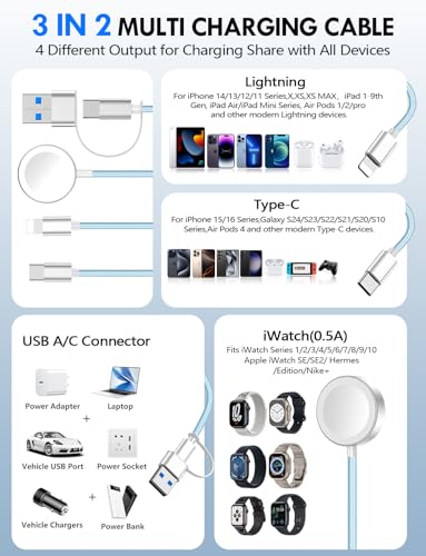 1Pack Travel Essentials for Apple Watch Charger,3-in-2 Multi Charging Cable - color: Blue, size: 1Pack-4FT