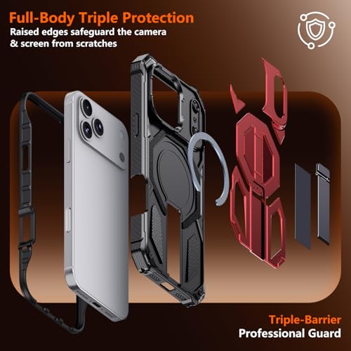 for iPhone 17 Pro Max Case with Kickstand, [15FT Military-Grade Drop Protection] [Compatible with MagSafe] Rugged Shockproof Heavy Duty Magnetic iPhone 17 Pro Max Phone Case Cover (Red) - color: Red