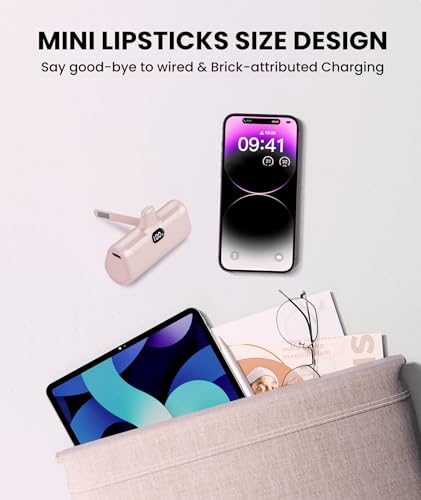 Pink Small Portable Charger for Lightning Builtin Metal Stand Lightweight Power Bank 5000mah With Digital Display Mini External Battery Pack for iPhone 14/13/13pro/13pro max/12/11/XR/6/6s/iPad/SE - color: Pink
