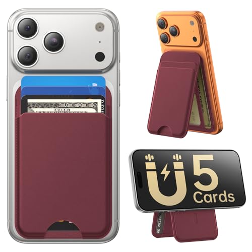 for MagSafe Wallet with Stand, 5 Card Holder, Slim Leather Magnetic Wallet for iPhone 17/16/15/14/13/12 Pro Max Plus Air Series, 3 Card Slots & 1 Cash Slot,WineRed - color: WineRed