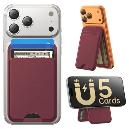 for MagSafe Wallet with Stand, 5 Card Holder, Slim Leather Magnetic Wallet for iPhone 17/16/15/14/13/12 Pro Max Plus Air Series, 3 Card Slots & 1 Cash Slot,WineRed - color: WineRed