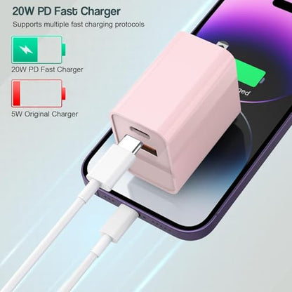 10FT iPhone 17/16e Fast Charger,2Pack 20W Dual Port USBA+C QC Apple Adapter - color: Blue/Pink