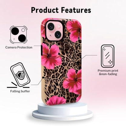 Lovmooful for iPhone 15 Case Cute Flower Leopard-Hibiscus | Compatible for iPhone 15 Case,Aesthetic,Hibiscus,Floral,2 in 1,for Women Girls,Soft TPU+PC,Shockproof,Protective - size: iPhone 15