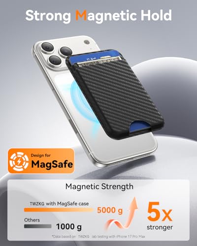 TWZKG for MagSafe Wallet, Works with Apple Find My,5 Card Holder, Slim Magnetic Phone Wallet for iPhone 17/16/15/14/13/12 Pro Max Plus Air, RFID Blocking Vegan Leather,Carbon Fiber - color: Findmy Carbon Fiber