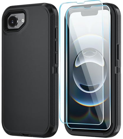 Phone Case for iPhone 16e Case & iPhone 17e Case with HD Screen Protector, Heavy Duty Shockproof & DustProof & 3-Layer Cover Phone Case for iPhone 16e/17e, Black - color: Black
