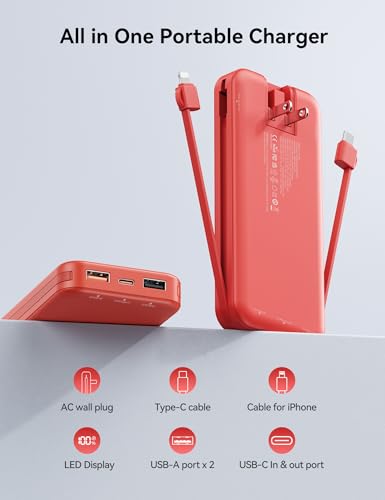 Portable Charger Power Bank 10000mAh with Built in Cables & Wall Plug - color: Crimson