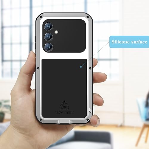 LOVE MEI Military Rugged Case for Samsung Galaxy S23 Fe, with Tempered Glass Screen Protector, Shockproof Dustproof Scratch Proof Hybrid Metal and Silicone Gel Heavy Duty Full Body Cover Silver - color: Silver