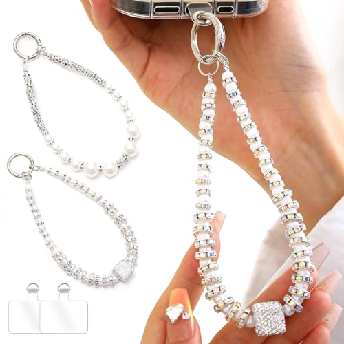 2 Pieces Phone Wrist Strap Pearl Beaded Phone Charm Cell Phone Strap Detachable with Tether Tab, Hands-Free Wristlet Bracelet