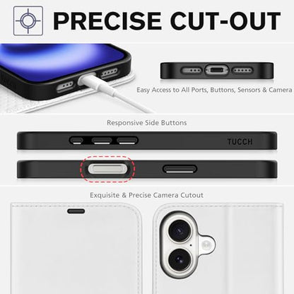 TUCCH Wallet Case for iPhone 16 (6.1") 2024, 4 Card Slots, White | RFID Blocking, Viewing Stand, Shockproof TPU Shell, PU Leather, Magnetic Closure, Protective Folio Flip Cover - color: White