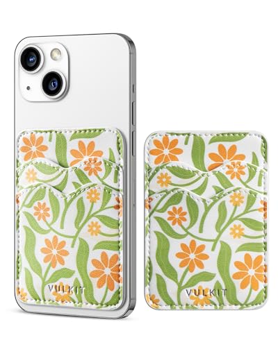 VULKIT Stick on Card Holder Compatible for iphone Leather Cell Phone Wallet Credit Card Case Strong Sticker for Women - color: Daisy Floral