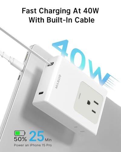 Gitryin Travel Plug Adapter with Retractable 31.5in Type-C Cables, 12-in-1 Desktop Charging Station with 3 Retractable Type-C Chargers and 1 Lightning Charger