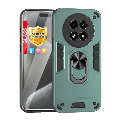 Compatible with Realme 13 5G/Realme 12 Phone Case Cover Built-in Stand Shockproof and Drop-Proof [with Tempered Glass Screen Protector] Green - color: HY-GZS-green, size: Realme 13 5G/Realme 12