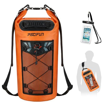 Piscifun Dry Bag, Waterproof Floating Backpack 10L/20L/30L/40L | Waterproof Phone Case, Adjustable shoulder straps, Roll-top closure keeps gear dry, Ideal for Boating, Kayaking, Fishing - color: Orange, style: 20l