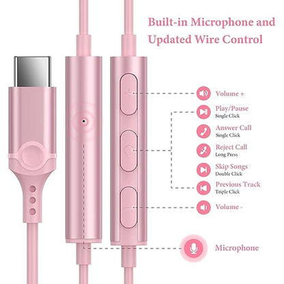 APETOO USB C Headphones for iPhone 18 Pro Max 17 16 15/iPad Air Earbuds - color: Pink