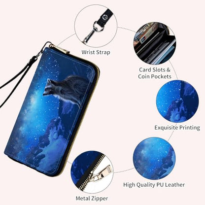 Ladies Wallet,Clutch Purses for Women Wallets Leather Credit Card Holder for Women Wristlet Slim Small Cute with Zipper,Thin RFID Blocking with Wrist Strap,Blue Galaxy Raccoon - color: Blue Galaxy Raccoon