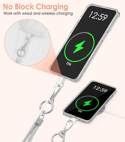 MoKo Universal Phone Lanyard, Metal Cell Phone Chain Crossbody Strap Anti-Theft Detachable Women Cellphone Lanyards Around The Neck with Patches for iPhone, Most Smartphones - Bright Silver - color: Bright Silver