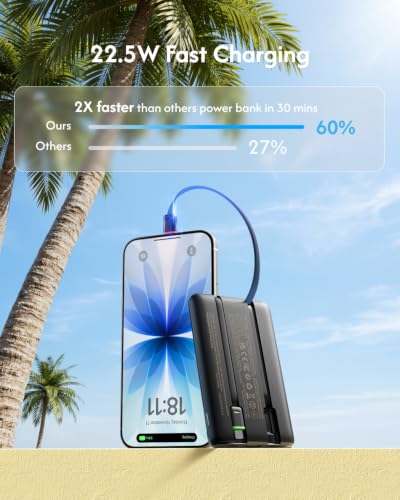VEGER 10000mAh 22.5W Fast Charging Portable Charger with Built-in Cables - color: Black