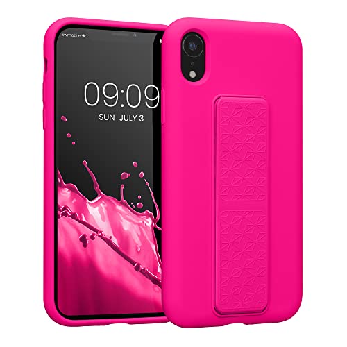 kwmobile Case for Apple iPhone XR Case - Soft TPU Cover with Silicone Coating - with Hand Strap and Stand Function - Shockproof - Neon Pink - color: neon pink