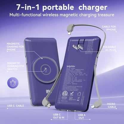 Magnetic 10000mAh Portable Charger for iWatch & iPhone, PD Fast Charging Wireless Power Bank Built-in Cables and Wall Plug, External Travel Battery Pack Compatible with iOS Android Phones - color: Dark Blue