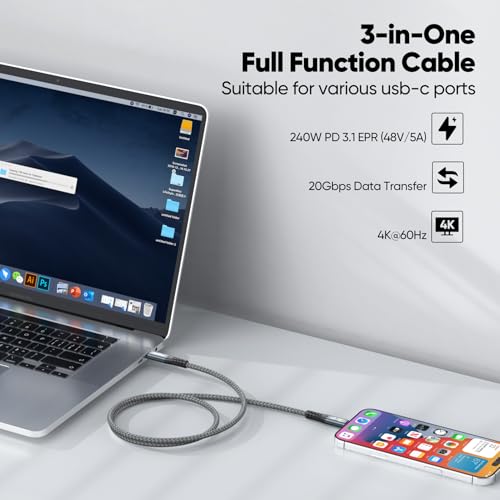 15ft USB C Cable with 20Gbps High Speed Data Transfer/240W Charging/4K@60Hz - size: 15 Feet