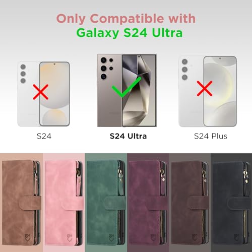 for Samsung Galaxy S24-Ultra-Wallet Case: with RFID Blocking Card Slots (6 Cards) | Soft PU Leather Magnetic Snap Zipper Pocket | Crossbody Wrist Strap Protective Phone Cover - Pink - color: Pink, size: Galaxy S24 Ultra（6.8‘’）