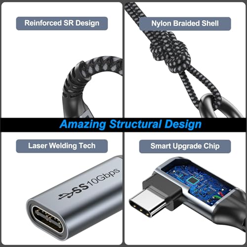 USB C Extension Cable, USBC Right Angle Extender Cord 6 FT USB 3.1(10Gbps) Male to Female 100W Fast Charging Cable Compatible for MacBook Pro/Air, Switch, Laptop, Tablet and Mobile Phone - size: 6.6FT