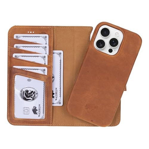 BLACKBROOK Case for iPhone 16 Pro Case Wallet, Full Grain Leather, Wireless Charging, RFID Blocking 4 Card Slots and ID Holder, 2-in-1 Folio Wallet Case Compatible with iPhone 16 Pro - color: Golden Brown, size: iPhone 16 Pro