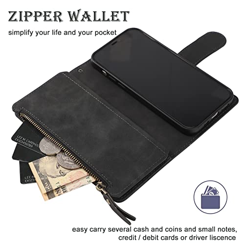 RANYOK Wallet Case Compatible with iPhone 13/14 (6.1 inch), Premium PU Leather Zipper Flip Folio Wallet RFID Blocking with Wrist Strap Magnetic Closure Built-in Kickstand Protective Case (Black) - color: Black