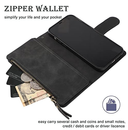 RANYOK Wallet Case Compatible with iPhone 13/14 (6.1 inch), Premium PU Leather Zipper Flip Folio Wallet RFID Blocking with Wrist Strap Magnetic Closure Built-in Kickstand Protective Case (Black) - color: Black