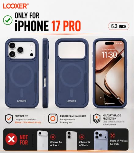 LOOXER® Heavy Duty Rugged Magnetic Case for iPhone 17 Pro (6.3”) | Military Grade Shockproof Protection,MagSafe Compatible+ Tempered Glass Included (Blue, 17 Pro) - color: Blue, size: 17 Pro