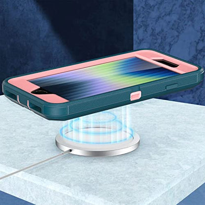MXX Case for iPhone SE 2020 / SE 2022 Heavy Duty Protective Case with Screen Protector, Rugged Rubber Shockproof Protection Cover & Rotating 360 Degree Belt Clip SE 3rd/2nd Gen(Tuscan Teal/Light Pink) - color: Tuscan Teal/ Light Pink
