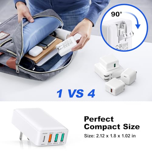 Flat USB Wall Charger, Excgood 40W 4Port USB and USB C Fast Charging Block - color: White