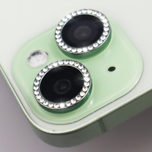 Camera Lens Protector for iPhone 15/15 Plus/14/14 Plus Bling Diamond Metal Ring Rhinestone Tempered Glass Lens Cover Accessories (Green) - color: Green