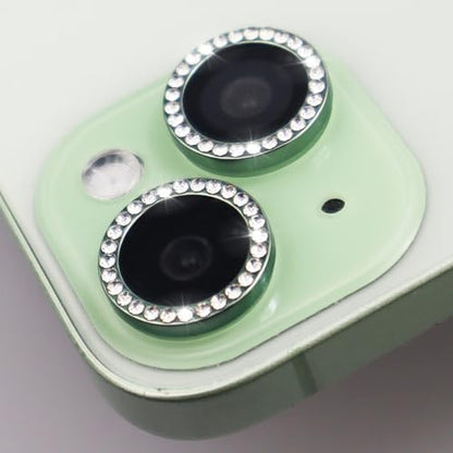 Camera Lens Protector for iPhone 15/15 Plus/14/14 Plus Bling Diamond Metal Ring Rhinestone Tempered Glass Lens Cover Accessories (Green) - color: Green