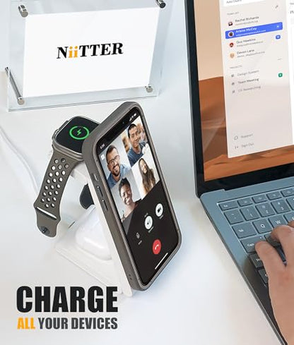 3 in 1 Wireless Charging Station, Magnetic Foldable Wireless Charger, Fast Travel Charger Stand for iPhone 17/16/15/14/13/12/Apple Watch/Airpods(20W PD Adapter Included)