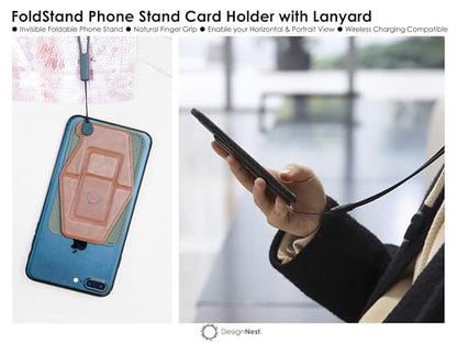 DesignNest FoldStand Slim Magnetic Phone Stand Card Holder with Lanyard, Horizontal Vertical View, Foldable Finger Grip, Wireless Charging Compatible Leather Brown