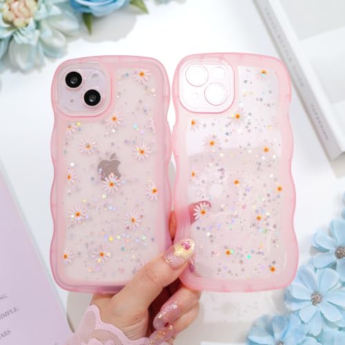 Glitter case for iPhone 13/14 Flowers Pink | Bling Sparkle Glitter，Flowers，Full Protection Soft TPU，Kawaii Cute Phone Case for Women Girls - color: Flowers Pink