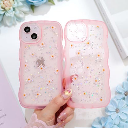 Glitter case for iPhone 13/14 Flowers Pink | Bling Sparkle Glitter，Flowers，Full Protection Soft TPU，Kawaii Cute Phone Case for Women Girls - color: Flowers Pink
