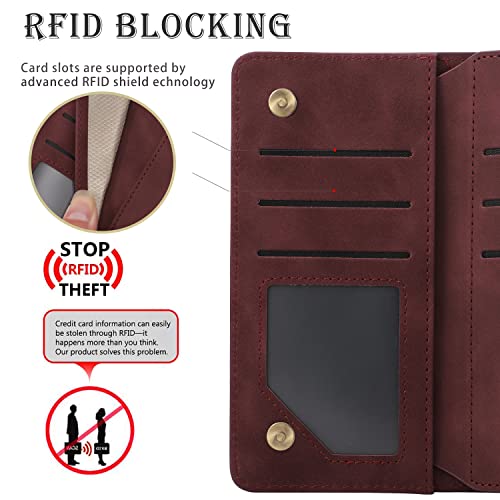 RANYOK Wallet Case Compatible with iPhone 13/14 (6.1 inch), Premium PU Leather Zipper Flip Folio Wallet RFID Blocking with Wrist Strap Magnetic Closure Built-in Kickstand Protective Case (Wine Red) - color: Wine Red
