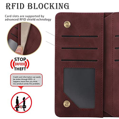 RANYOK Wallet Case Compatible with iPhone 13/14 (6.1 inch), Premium PU Leather Zipper Flip Folio Wallet RFID Blocking with Wrist Strap Magnetic Closure Built-in Kickstand Protective Case (Wine Red) - color: Wine Red