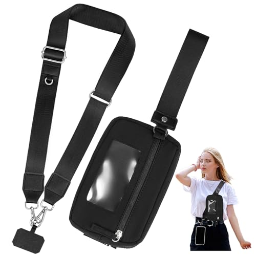 Clip & Go Phone Strap Crossbody with Wallet, 2 Pcs-Crossbody Lanyard with a Zipper Bag & Wrist Lanyard-1 Pad, Save Girls Phone Strap with Pouch, Universal Adjustable Neck Cellphone Holder (Black) - color: Big Bag Phone Strap-black