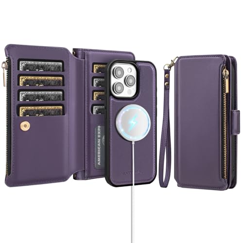 Antsturdy Compatible with MagSafe iPhone 13 Pro Wallet Case,Purple | Detachable Magnetic Credit Card Holder,RFID Blocking,PU Leather Zipper Purse,Wrist Strap Kickstand,Flip Phone Cover for Women - color: (Detachable with Magsafe)-Purple